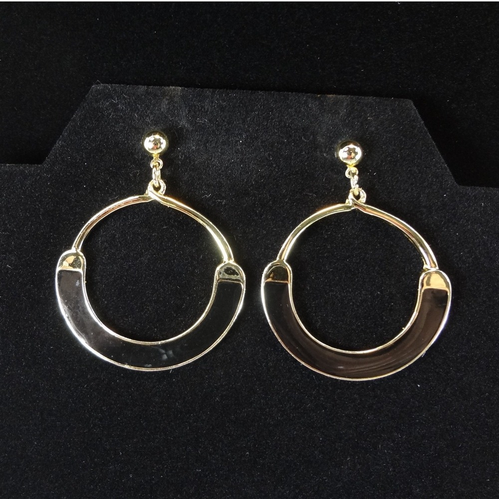 Vintage Hoop Earrings Gold Black Excellent Enamel Crescent Modern